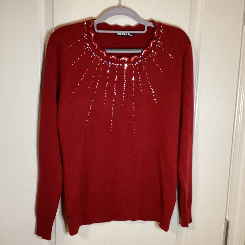 Elexa Women's Red Sweater Size M/L Wool Blend Rhinestones Scalloped Neck Party